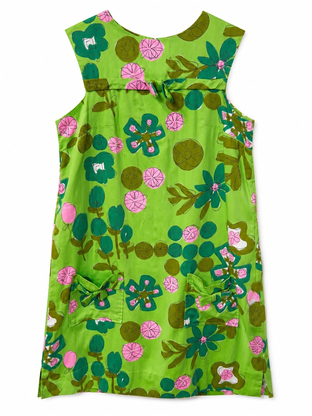 Vintage 1960s/70s Mod Floral Shift Dress | Lime Green Retro Bow Pocket Dress